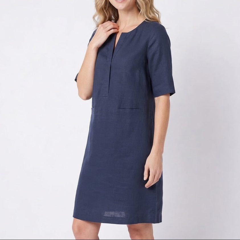Women's Linen Shift Dress Half Sleeve Notch Neck Pockets Midi