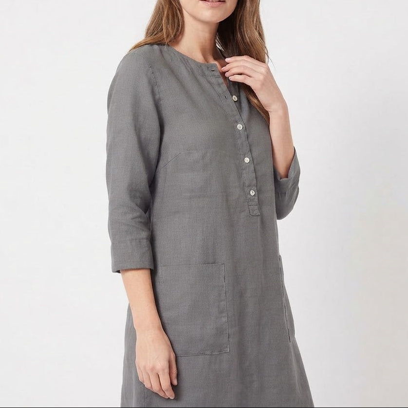 Women's Linen Shift Dress Roll Sleeve Button Placket Pockets Midi