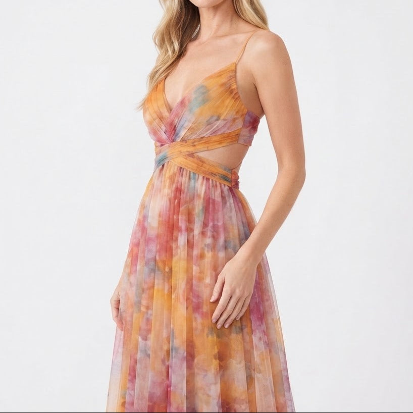 Women's Floral Tulle Maxi Dress V Neck Spaghetti Strap Formal Gown