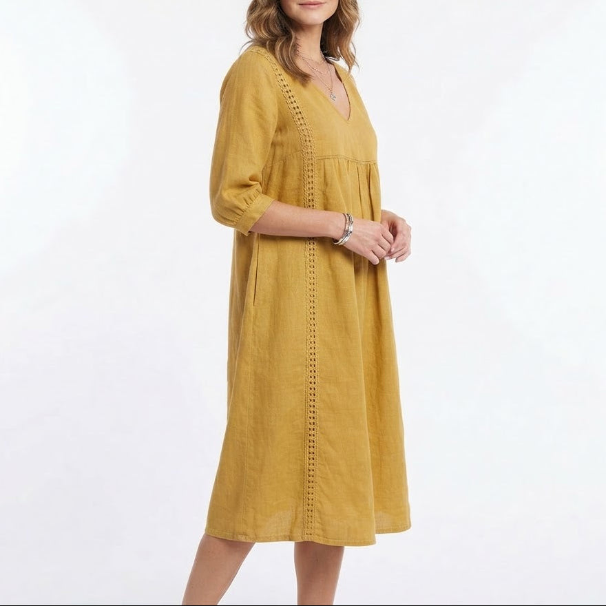 Women's Chambray Dress V Neck Three Quarter Sleeve Midi Pockets