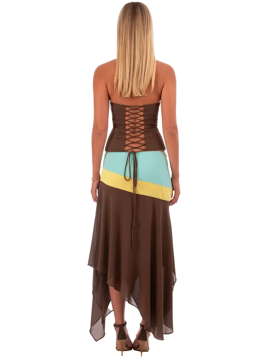 Women's Colour Block Maxi Dress Spaghetti Strap Ruched Bodice Summer