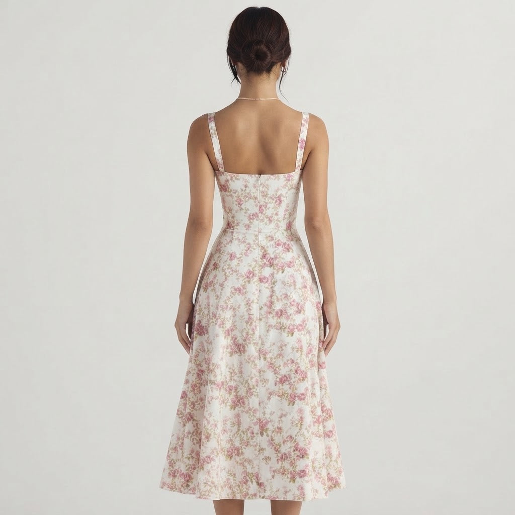 Women's Floral Midi Dress Bustier Corset Bodice Sweetheart Summer