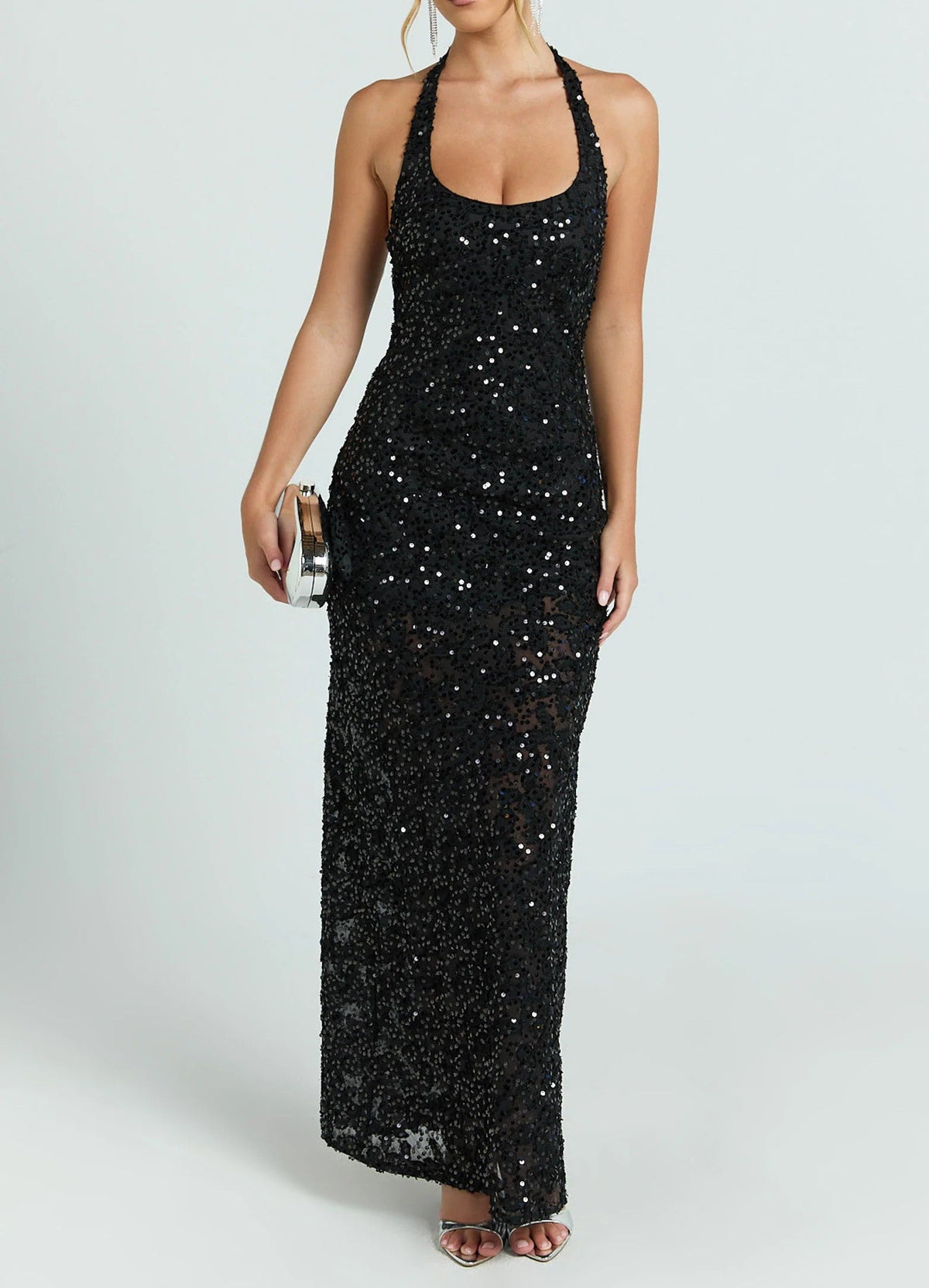 Women's Sequin Floral Lace Maxi Dress Halter Neck Fitted Evening
