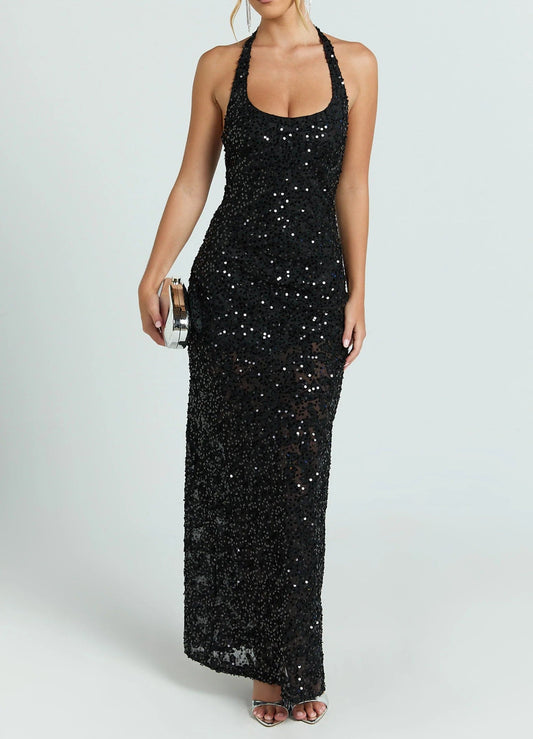 Women's Sequin Floral Lace Maxi Dress Halter Neck Fitted Evening