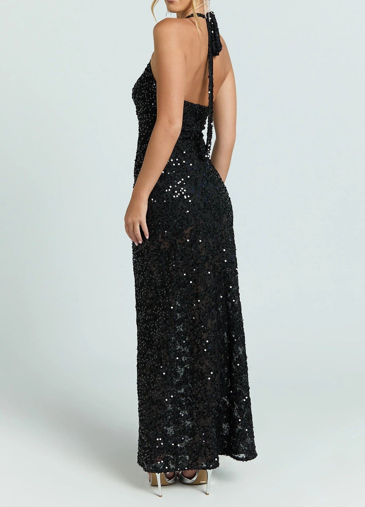 Women's Sequin Floral Lace Maxi Dress Halter Neck Fitted Evening