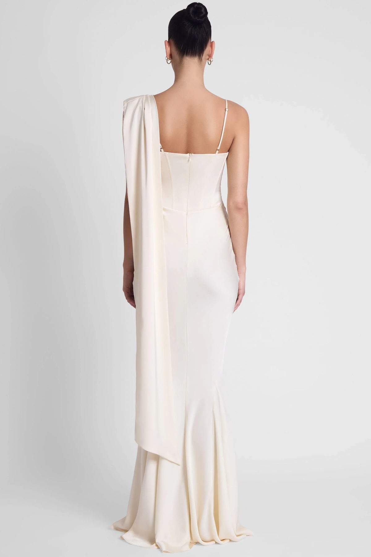 Women's Satin Mermaid Maxi Dress Asymmetric Rosette Cape Sleeve