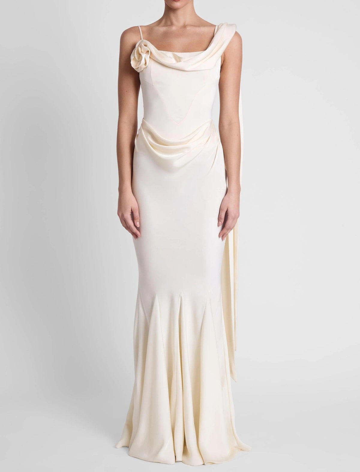 Women's Satin Mermaid Maxi Dress Asymmetric Rosette Cape Sleeve