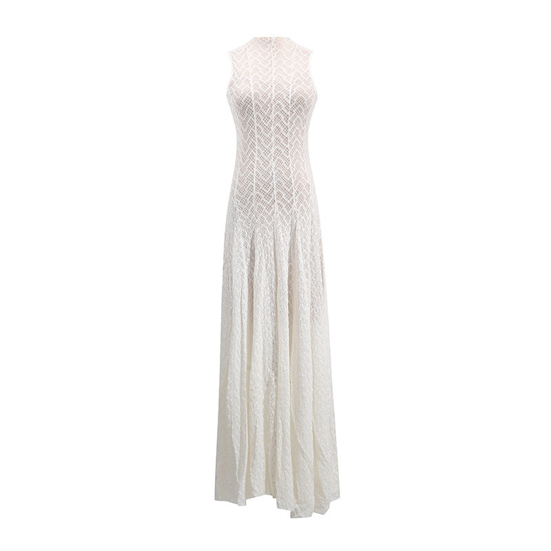 Women's Lace Dress – Geometric Chevron Maxi A-Line Mock Neck
