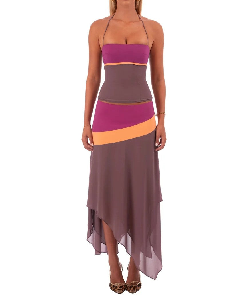 Women's Colour Block Maxi Dress Spaghetti Strap Ruched Bodice Summer