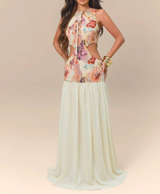Women's Floral Print Cutout Maxi Dress Halter Neck Lace-Up Bodice