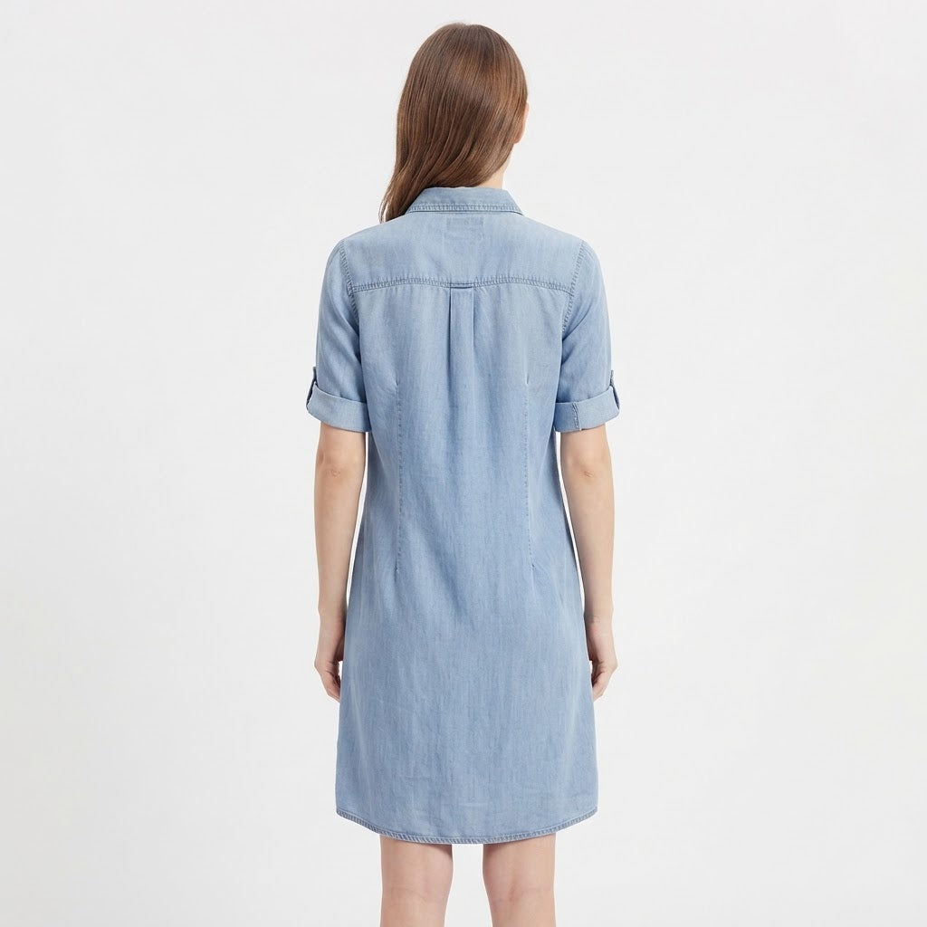 Women's Denim Shirt Dress Short Sleeve Button Front Chest Pockets