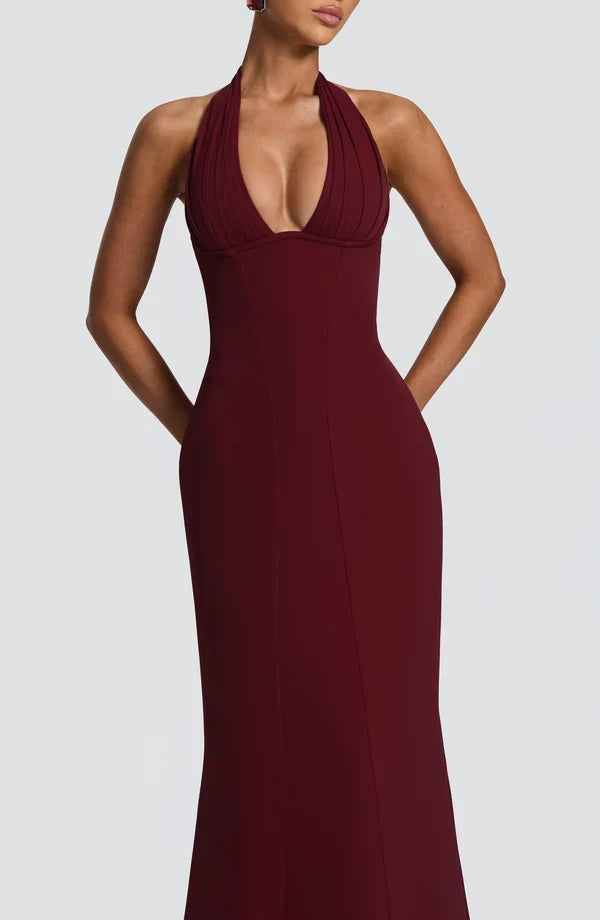 Women's Halter Deep V-Neck A-Line Maxi Dress