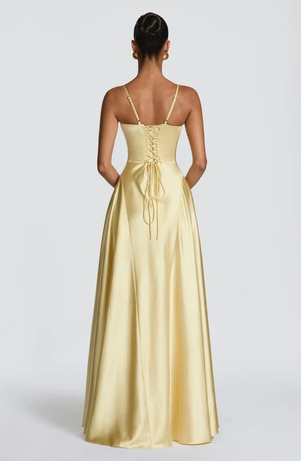 Women's Satin Spaghetti Strap Maxi Dress V-Neck A-Line Evening Gown
