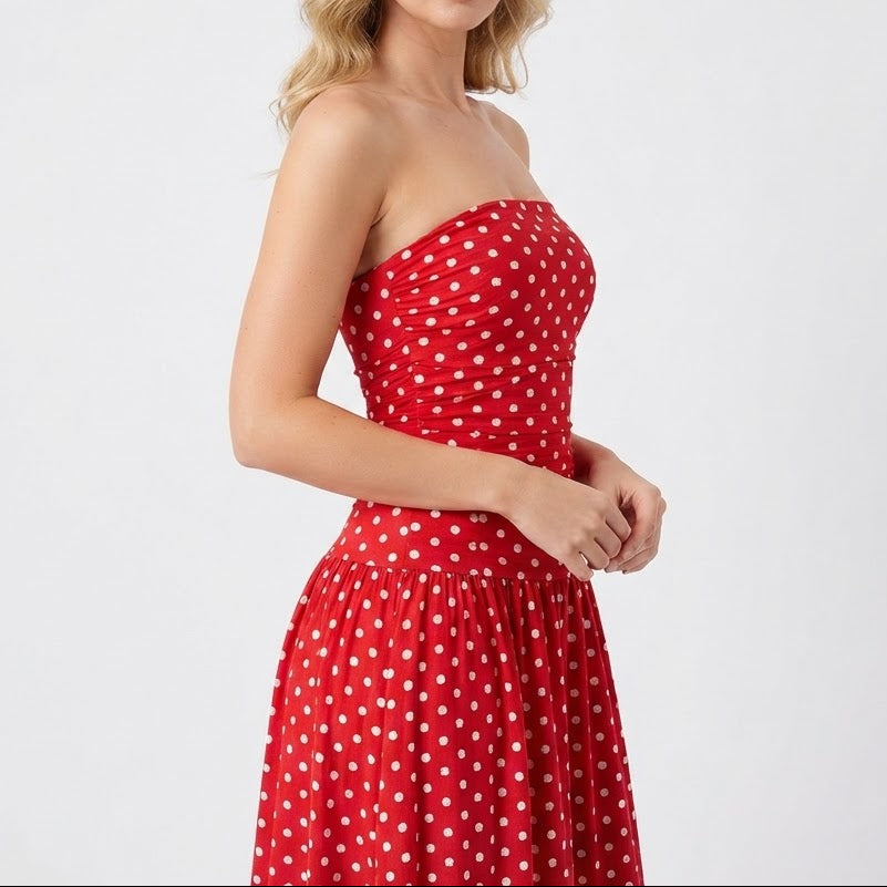 Women's Polka Dot Maxi Dress Strapless Ruched Bodice A Line Summer