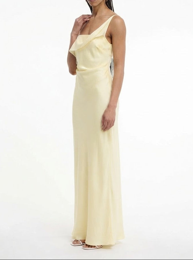 Women's Satin Asymmetric Ruffle Slip Maxi Dress