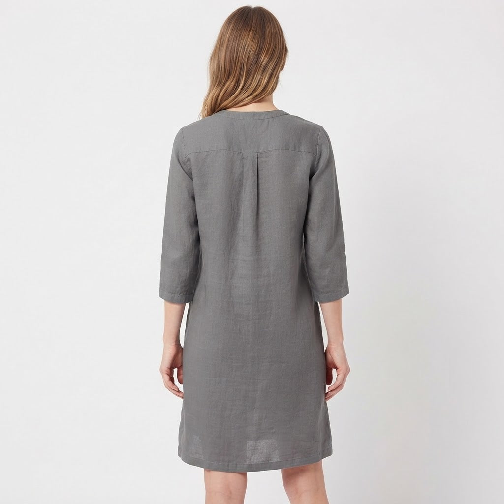 Women's Linen Shift Dress Roll Sleeve Button Placket Pockets Midi