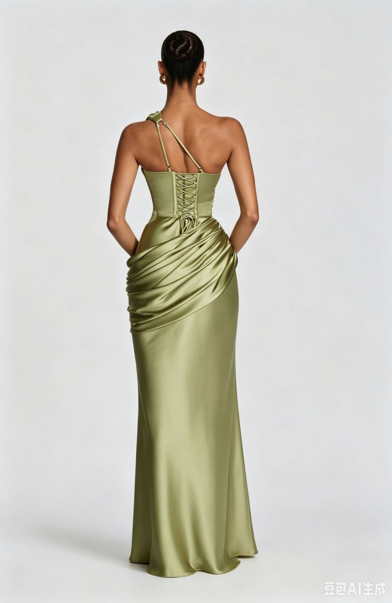 Women's Satin One-Shoulder Cutout Ruched Maxi Dress
