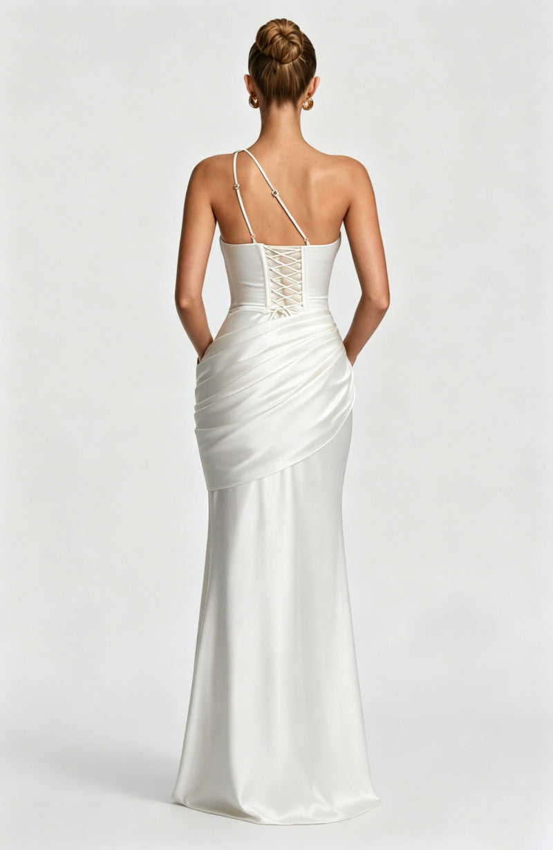Women's Satin One-Shoulder Cutout Ruched Maxi Dress