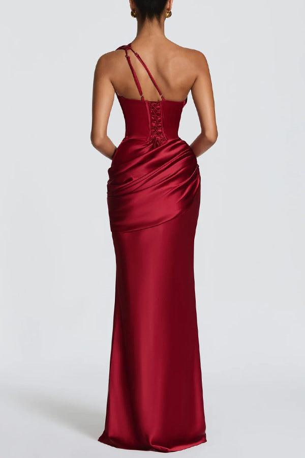 Women's Satin One-Shoulder Cutout Ruched Maxi Dress