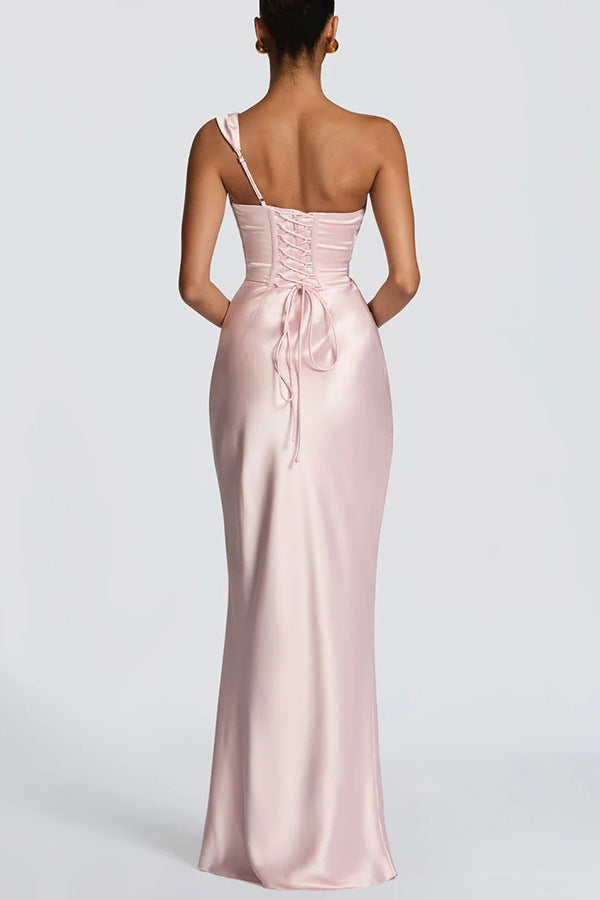 Women's Satin Off-Shoulder Ruched Bodycon Maxi Dress