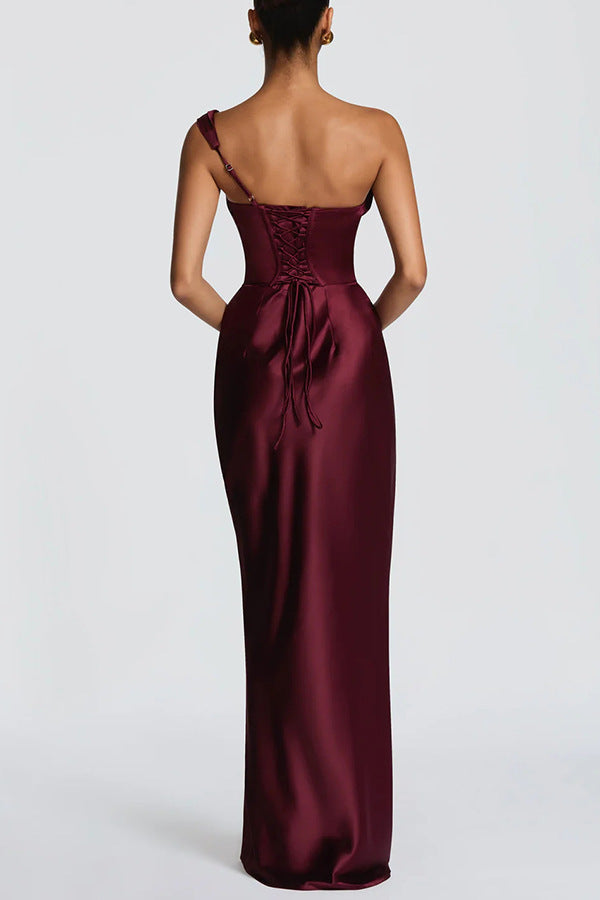 Women's Satin Off-Shoulder Ruched Bodycon Maxi Dress
