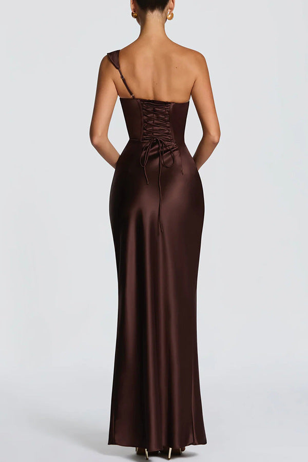 Women's Satin Off-Shoulder Ruched Bodycon Maxi Dress