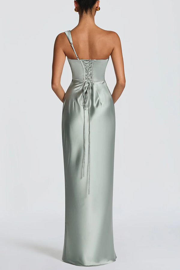 Women's Satin Off-Shoulder Ruched Bodycon Maxi Dress
