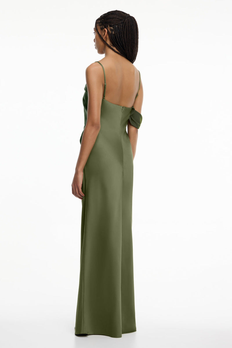 Women's Satin Asymmetric Ruffle Slip Maxi Dress