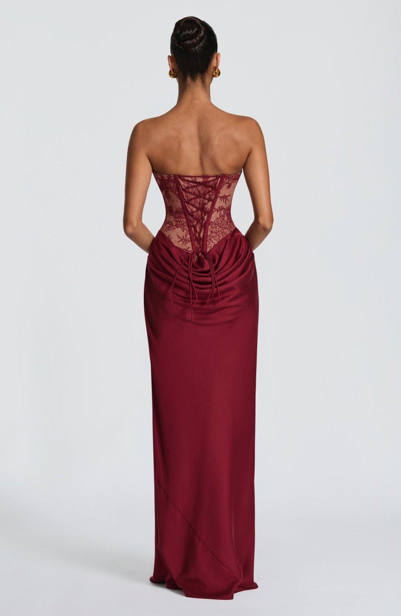Women's Strapless Lace Corset Draped Maxi Dress with Slit