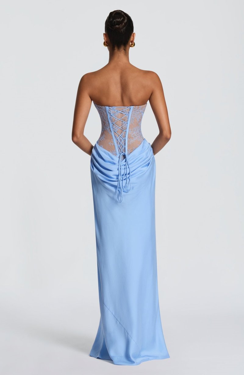 Women's Strapless Lace Corset Draped Maxi Dress with Slit
