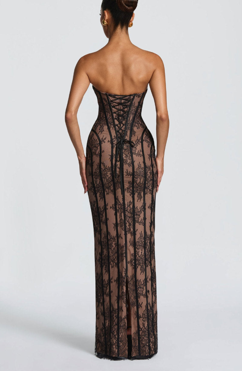 Women's Strapless Lace Corset Bodycon Maxi Dress