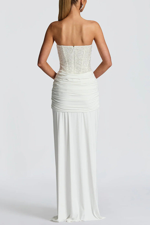 Women's Strapless Maxi Dress Sequin Corset Bodice Draped Bodycon