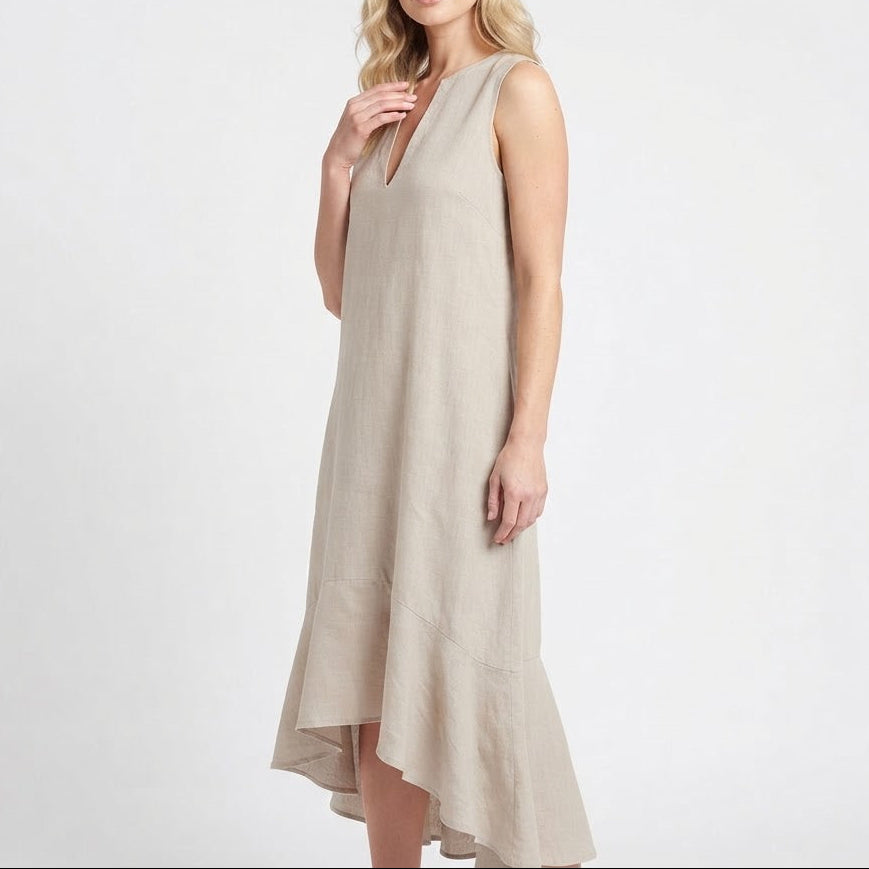 Women's Linen Midi Dress Sleeveless V Neck Ruffle High Low Hem