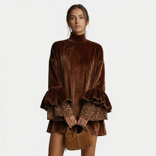 Women's Velvet Dresse – Mock Neck Mini Dress with Ruffle Bell Sleeves