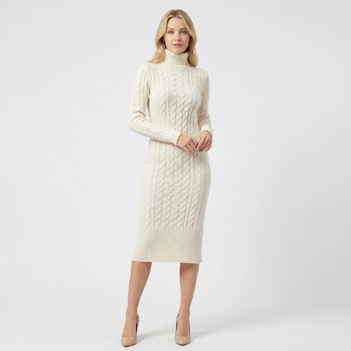 Women's Cable Knit Turtleneck Ribbed Hem Midi Sweater Dress