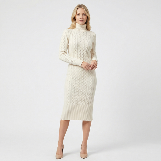 Women's Cable Knit Turtleneck Ribbed Hem Midi Sweater Dress