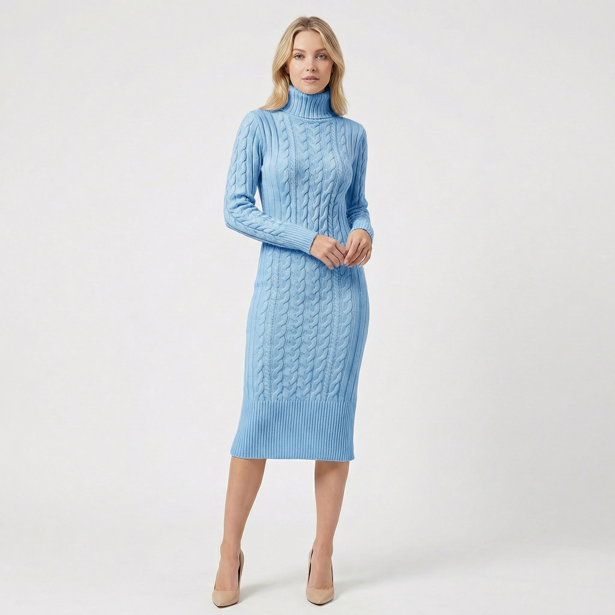 Women's Cable Knit Turtleneck Ribbed Hem Midi Sweater Dress