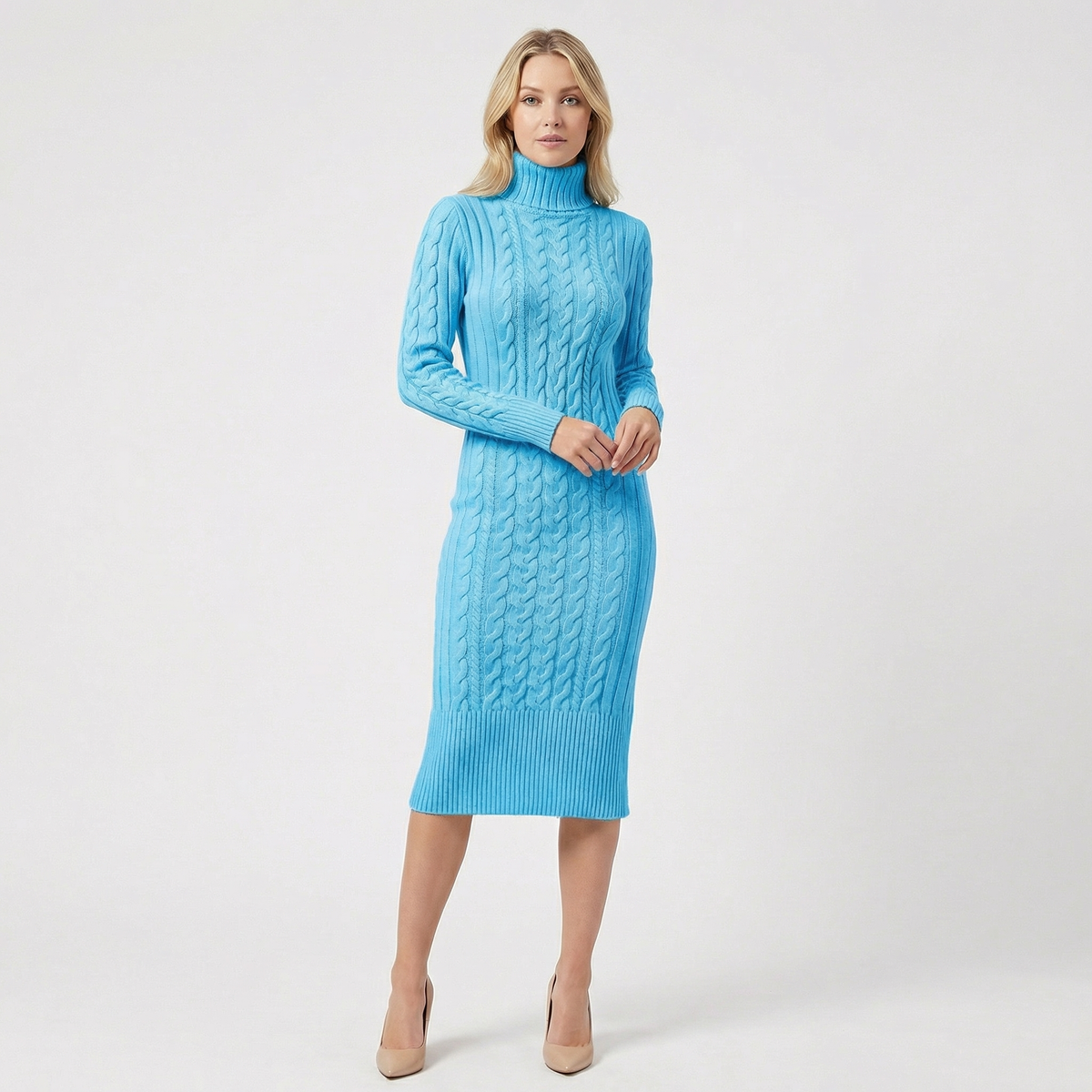 Women's Cable Knit Turtleneck Ribbed Hem Midi Sweater Dress