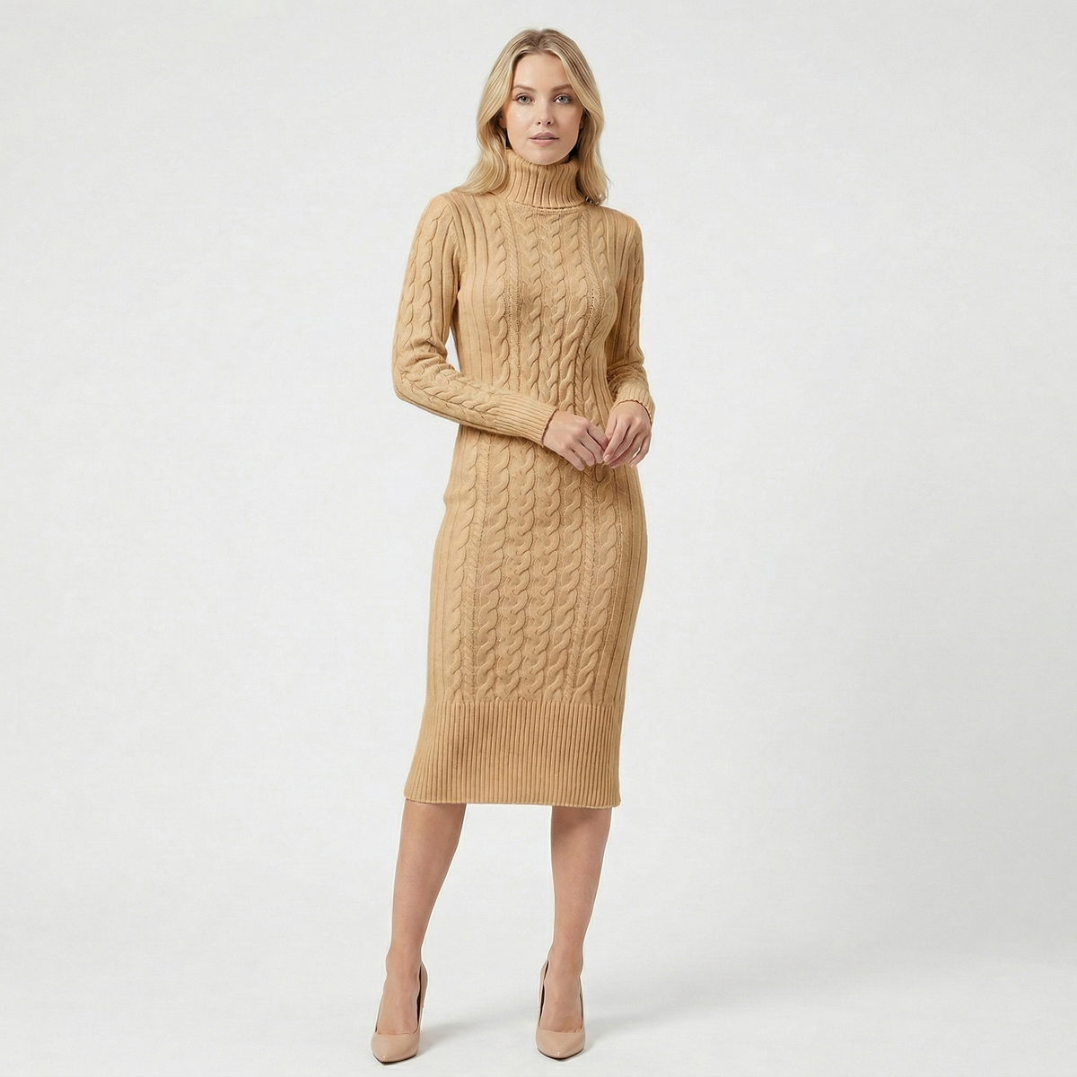 Women's Cable Knit Turtleneck Ribbed Hem Midi Sweater Dress
