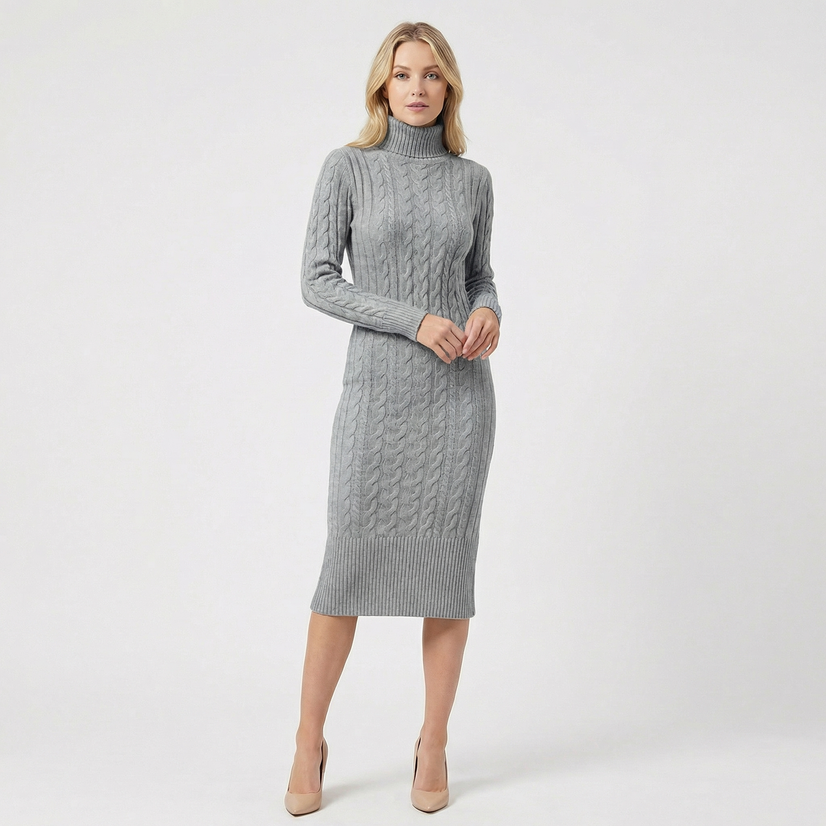 Women's Cable Knit Turtleneck Ribbed Hem Midi Sweater Dress