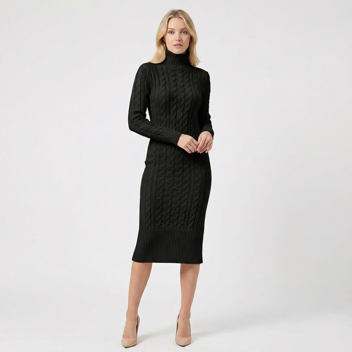 Women's Cable Knit Turtleneck Ribbed Hem Midi Sweater Dress