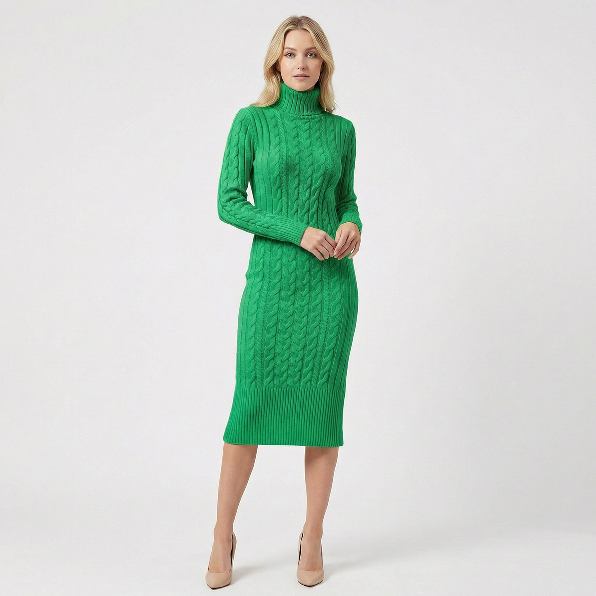 Women's Cable Knit Turtleneck Ribbed Hem Midi Sweater Dress
