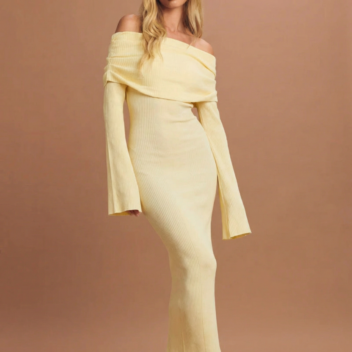 Women's Off Shoulder Pleated Knit Body-con Maxi Dress