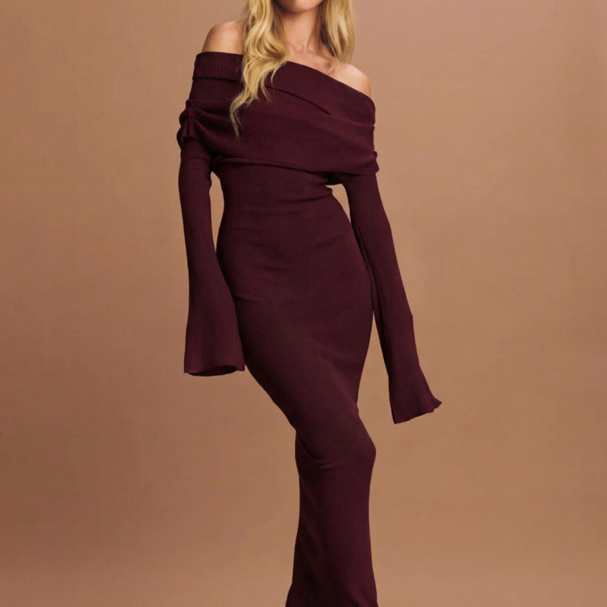 Women's Off Shoulder Pleated Knit Body-con Maxi Dress