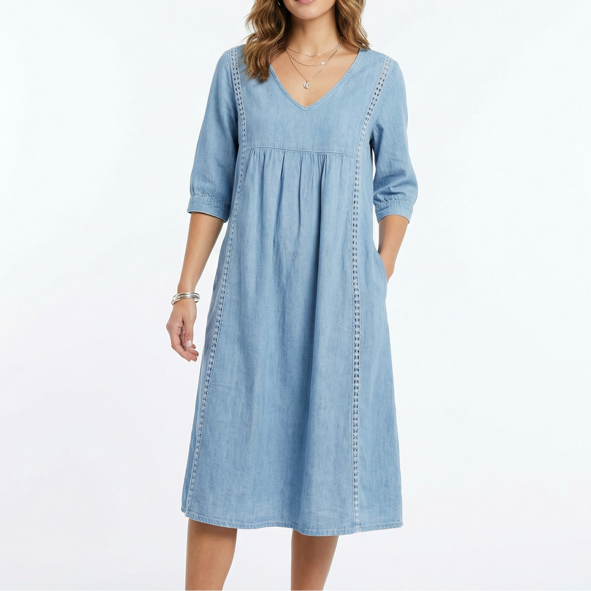 Women's Chambray Dress V Neck Three Quarter Sleeve Midi Pockets