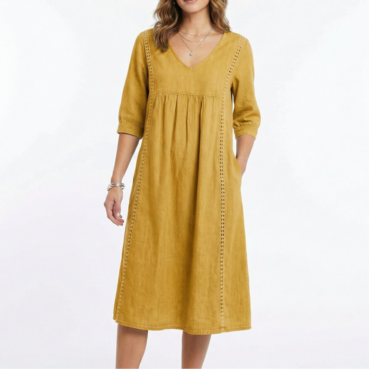 Women's Chambray Dress V Neck Three Quarter Sleeve Midi Pockets