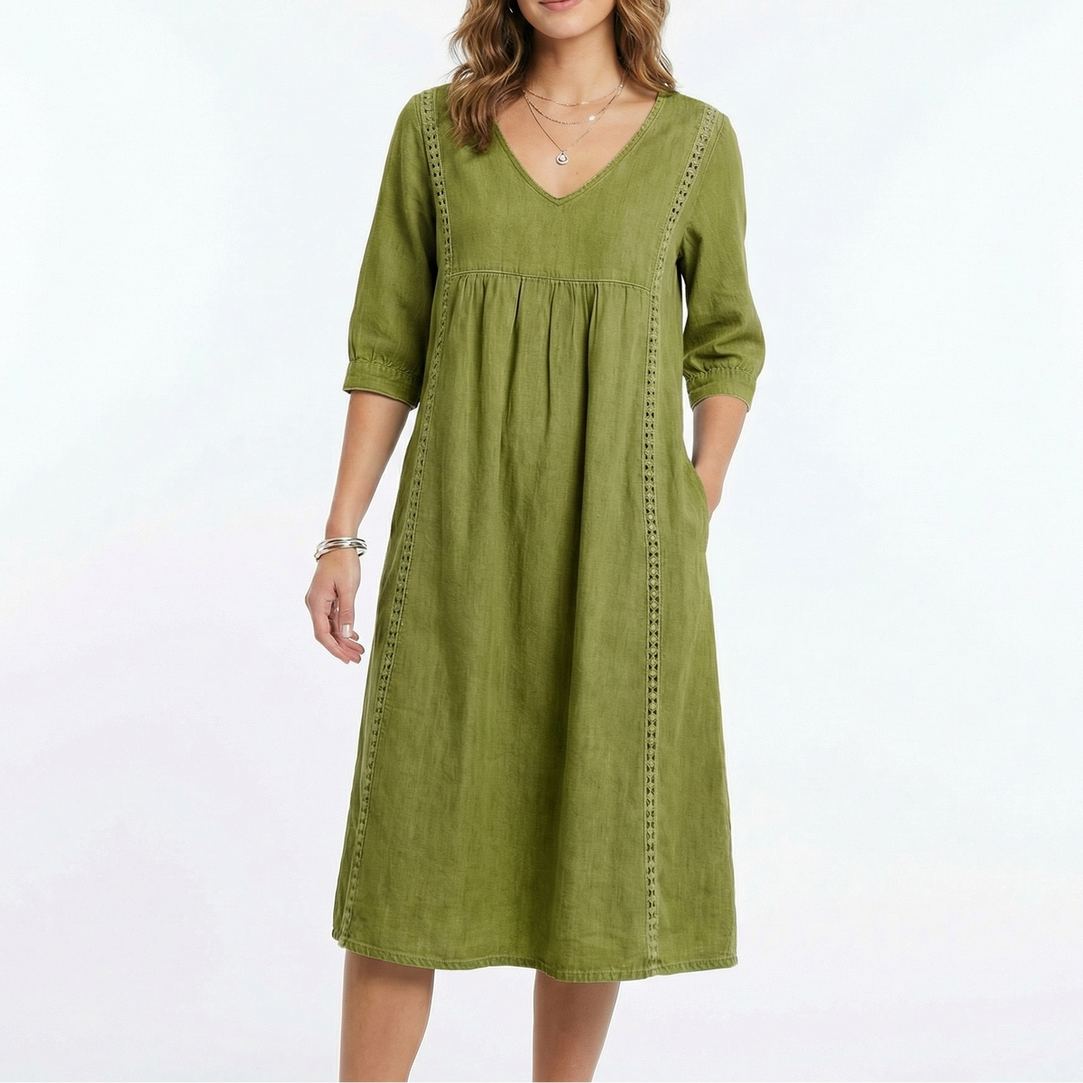 Women's Chambray Dress V Neck Three Quarter Sleeve Midi Pockets