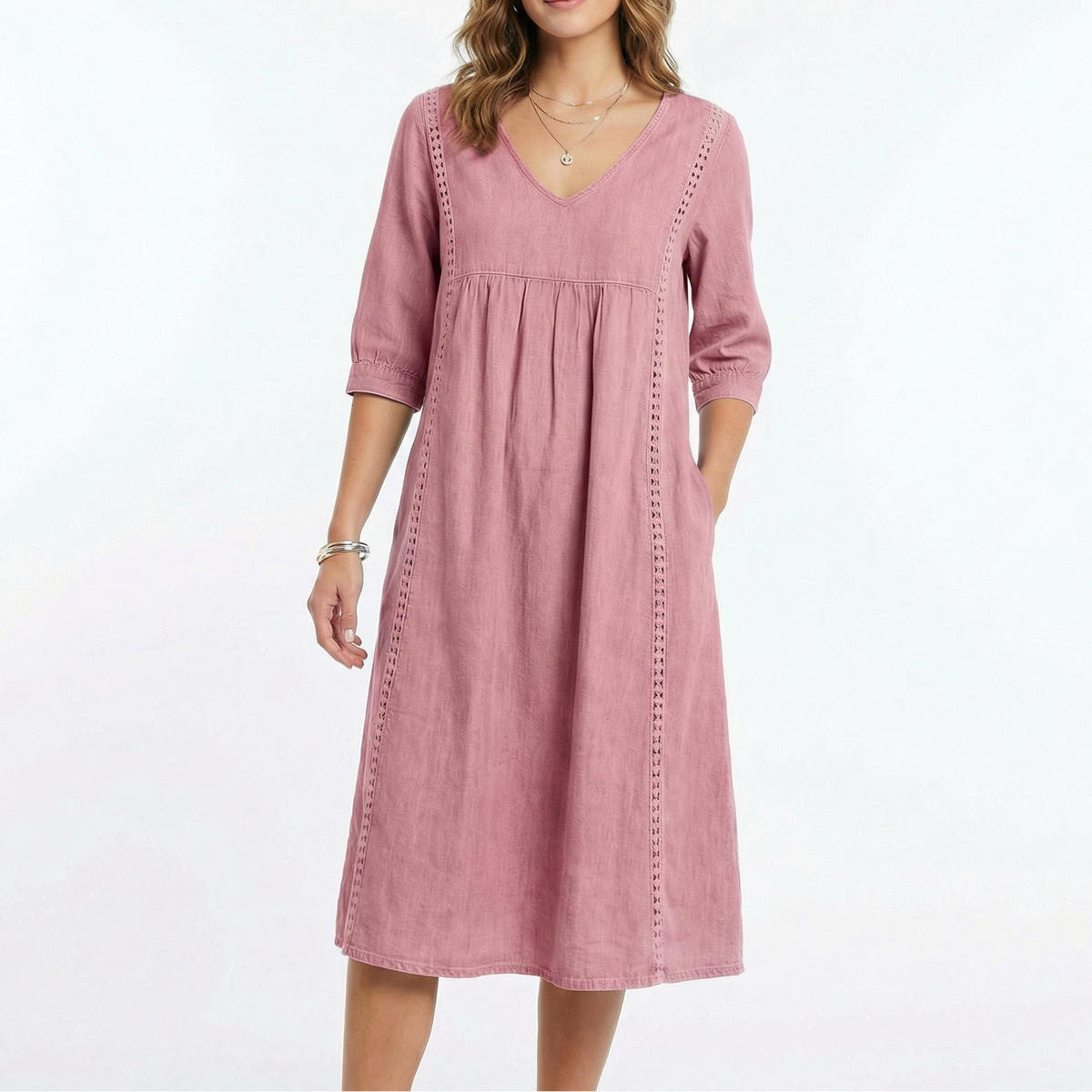 Women's Chambray Dress V Neck Three Quarter Sleeve Midi Pockets