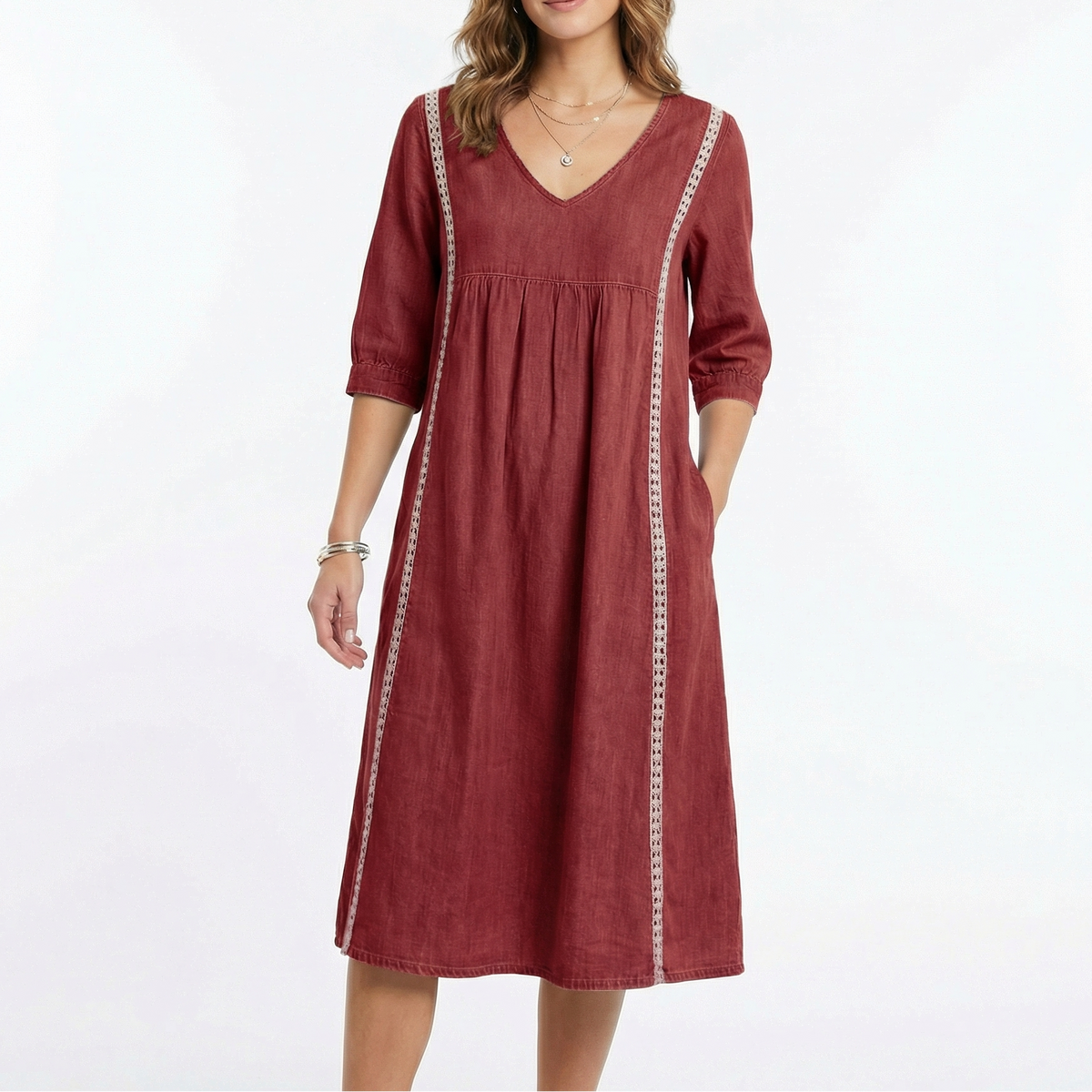 Women's Chambray Dress V Neck Three Quarter Sleeve Midi Pockets