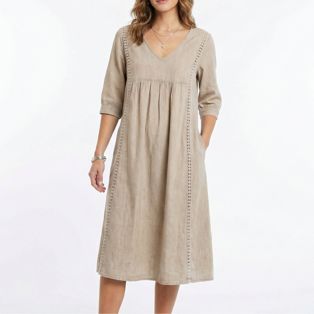 Women's Chambray Dress V Neck Three Quarter Sleeve Midi Pockets